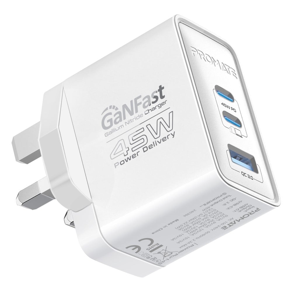 Promate 45W Power Delivery GaNFast Charging Adapter • 2 x 45W USB-C PD Ports - White