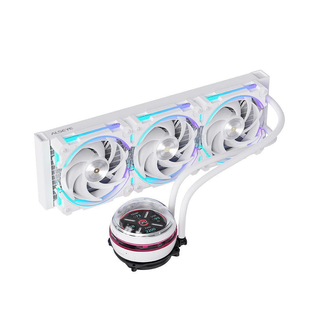 Alseye W360-L-W 360mm AIO Liquid Coolers, 320W TDP low noise ARGB pump with 2.1 inch screen - White