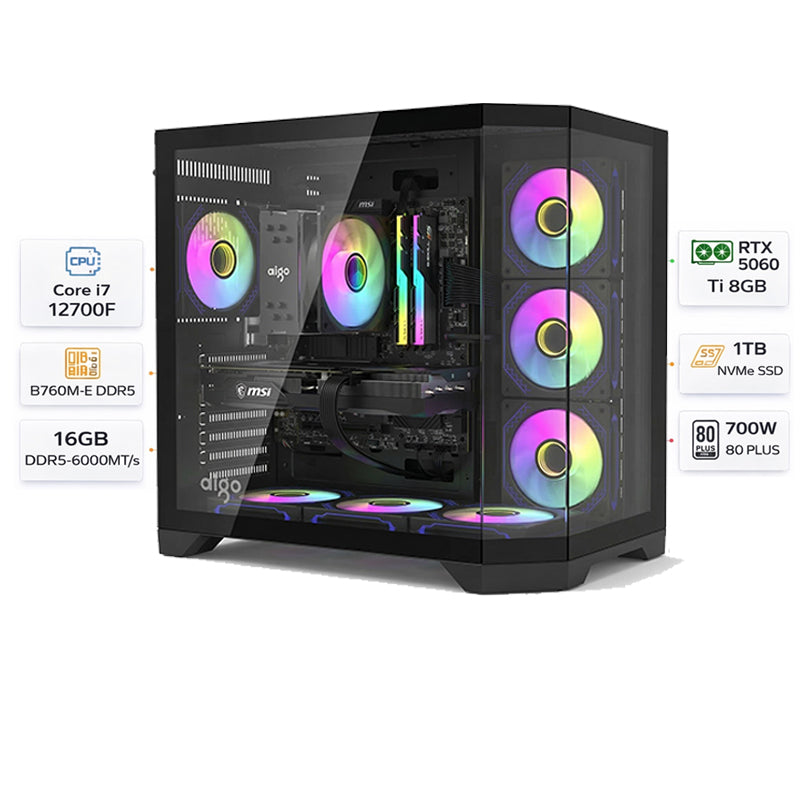 Custom Gaming Pc Intel Core i7-12700F, RTX 5060 Ti (VRAM  8GB), RAM 16GB DDR5 6000MT/s, 1TB SSD, Windows 11 Pro
