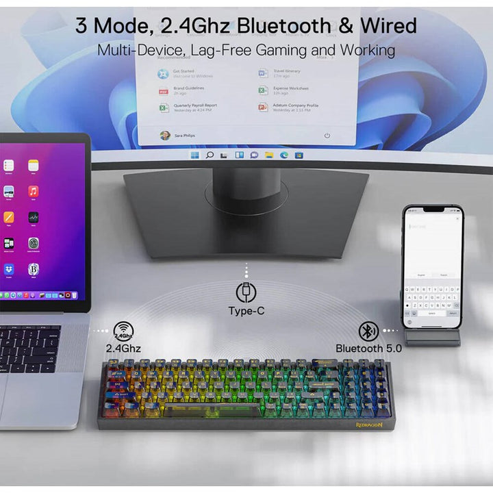 Redragon K628CT Pollux Pro RGB 75%, USB-C Wired, BT , 2.4 GHz Wireless Gaming Keyboard - Translucent Crystal Switch - Black