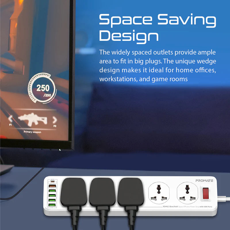 بروميت مشترك كهربائي موفر للمساحة مع 10 مقابس تيار متردد ومنافذ يو إس بي - أبيض