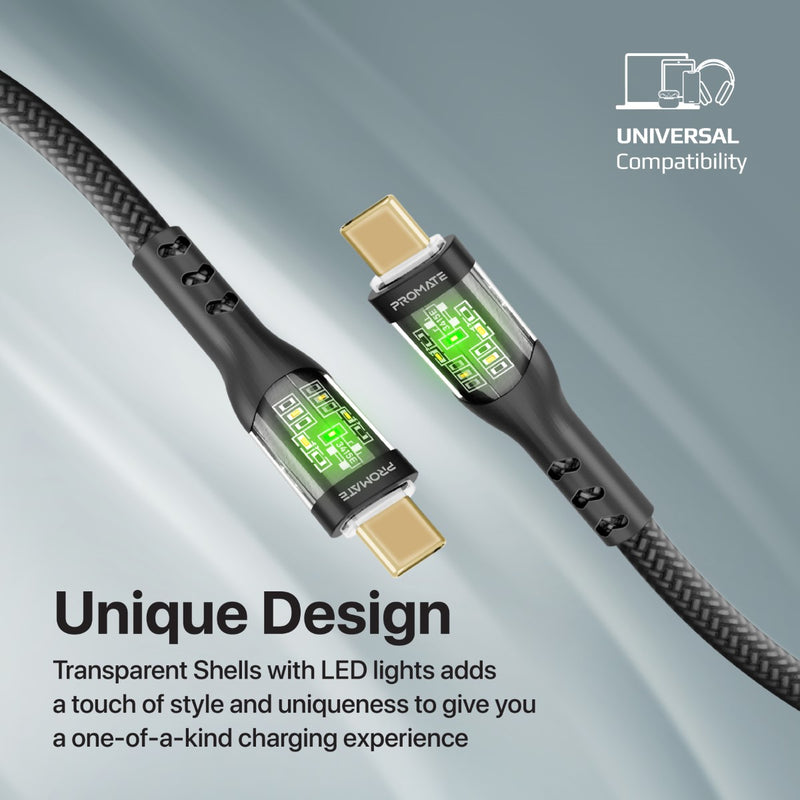 Promate Transline CC200 60W Power Delivery Ultra-Fast USB-C Cable with Transparent Shells 1.2 Meter - Black