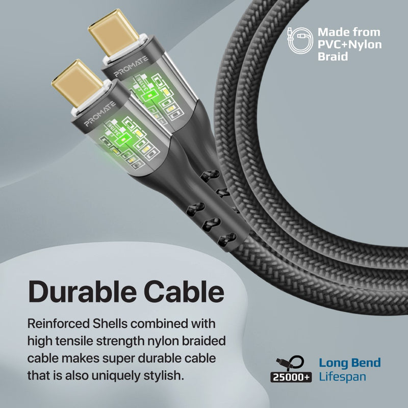 Promate Transline CC200 60W Power Delivery Ultra-Fast USB-C Cable with Transparent Shells 1.2 Meter - Black