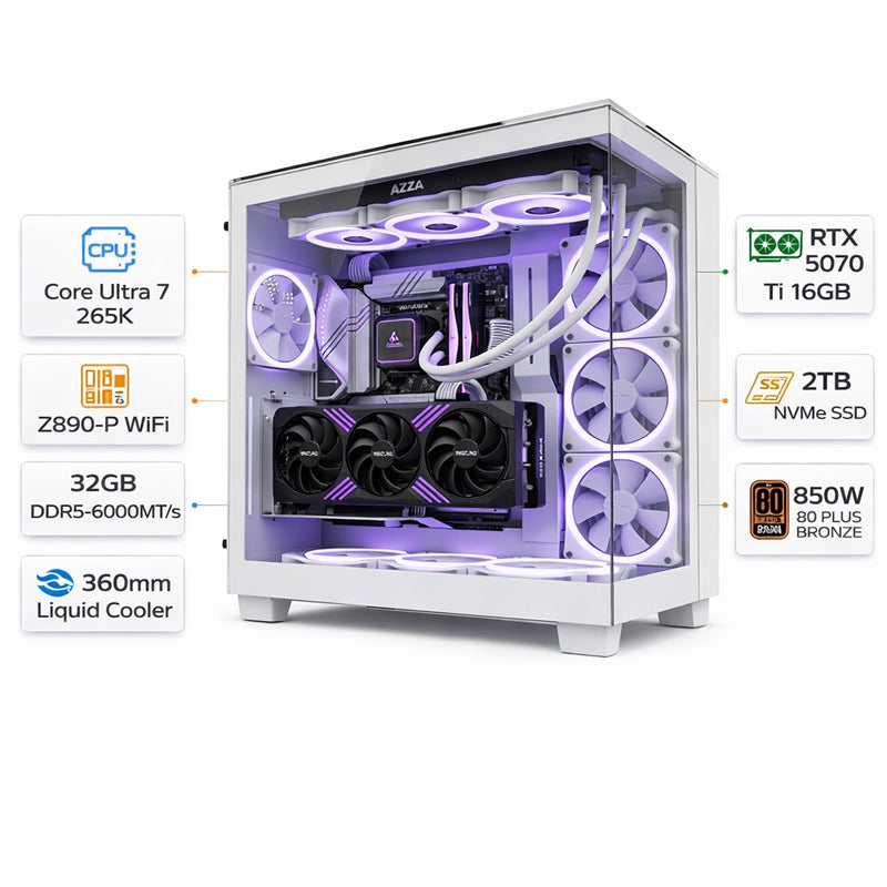 كمبيوتر الألعاب بمعالج إنتل كور ألترا ٧-٢٦٥كي، كارت شاشة آر تي إكس ٥٠٧٠ تي آي بسعة ١٦ جيجابايت، رامات ٣٢ جيجابايت دي دي آر٥ بسرعة ٦٠٠٠ ميجا/ثانية، هارد إس إس دي بسعة ٢ تيرابايت، ويندوز ١١ برو