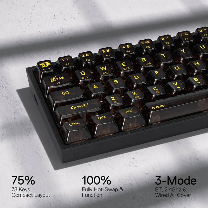 Redragon K628CT Pollux Pro RGB 75%, USB-C Wired, BT , 2.4 GHz Wireless Gaming Keyboard - Translucent Crystal Switch - Black