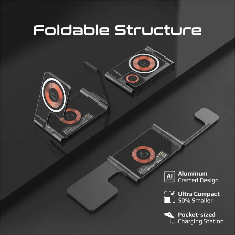 Promate 3 in 1 Ultra-Slim Transparent Foldable 15W MagSafe Compatible Wireless Charging Station - Black