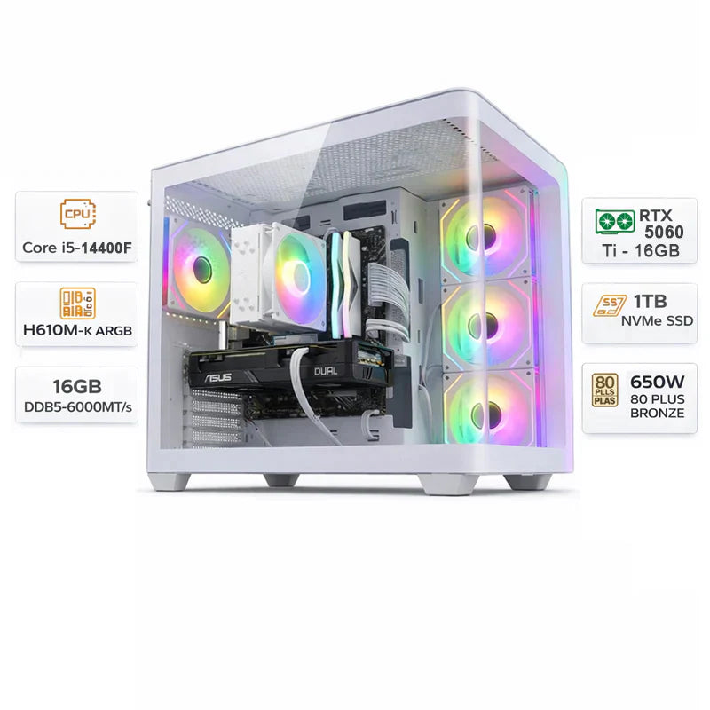 Custom Gaming PC Intel Core i5-14400F, RTX 5060 Ti (VRAM 16GB) GDDR7, 16GB RAM DDR5, 1TB SSD, Win 11 Pro