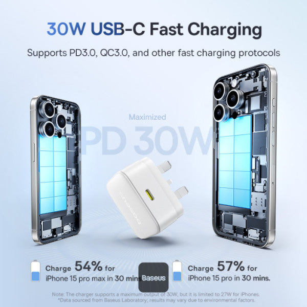 شاحن Baseus Palm Fast Charger 1C بقدرة 30 واط - Moon White (مع كابل Baseus USB-C إلى USB-C بقدرة 60W)