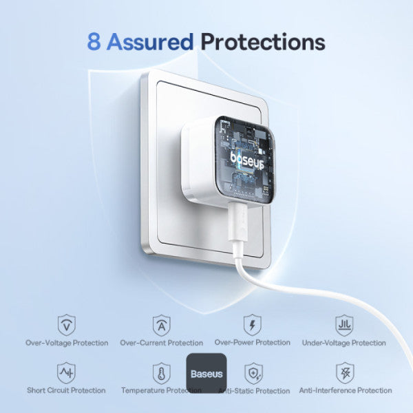 شاحن Baseus Palm Fast Charger 1C بقدرة 30 واط - Moon White (مع كابل Baseus USB-C إلى USB-C بقدرة 60W)