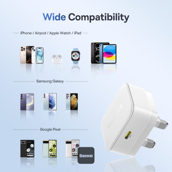 شاحن Baseus Palm Fast Charger 1C بقدرة 30 واط - Moon White (مع كابل Baseus USB-C إلى USB-C بقدرة 60W)