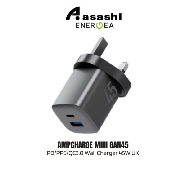 Energea AMPCHARGE MINI 45, PD/PPS/QC3.0 GAN WALL CHARGER, 45W (UK) - GUNMETAL (EOL)