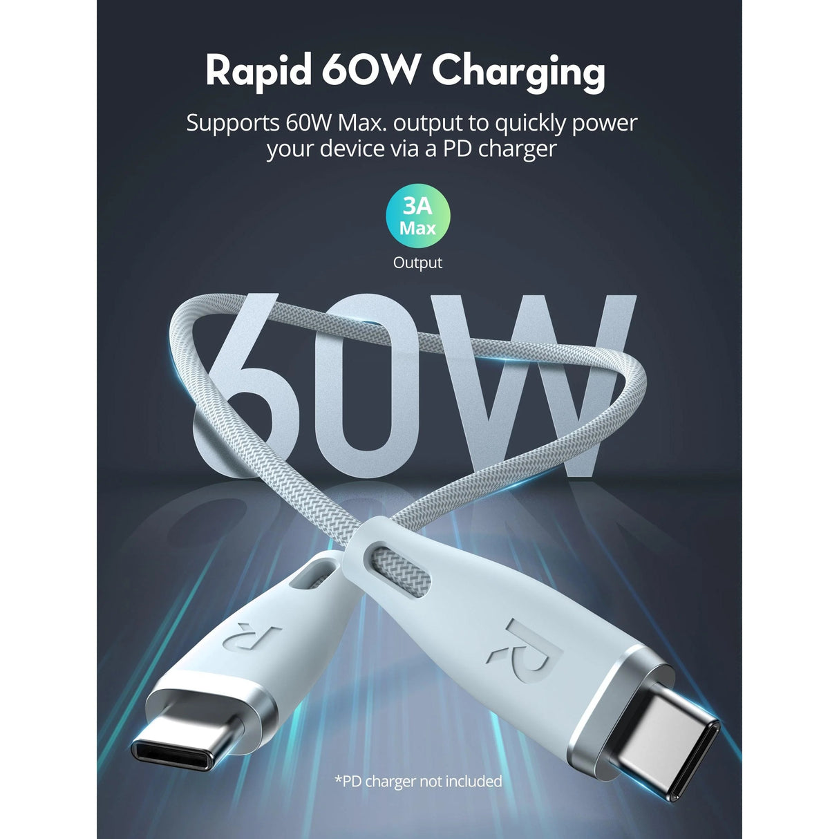 RAVPower RP-CB1037 60W C-C 1.2M USB2.0 3A Cable Light Blue - RP-CB1037LB