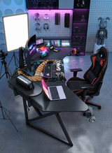 Gamax D2204B Curved Carbon fiber Gaming Table 180*70*74 cm with Multi Level Shelves & Mousepad - Black (Installation Not Included)