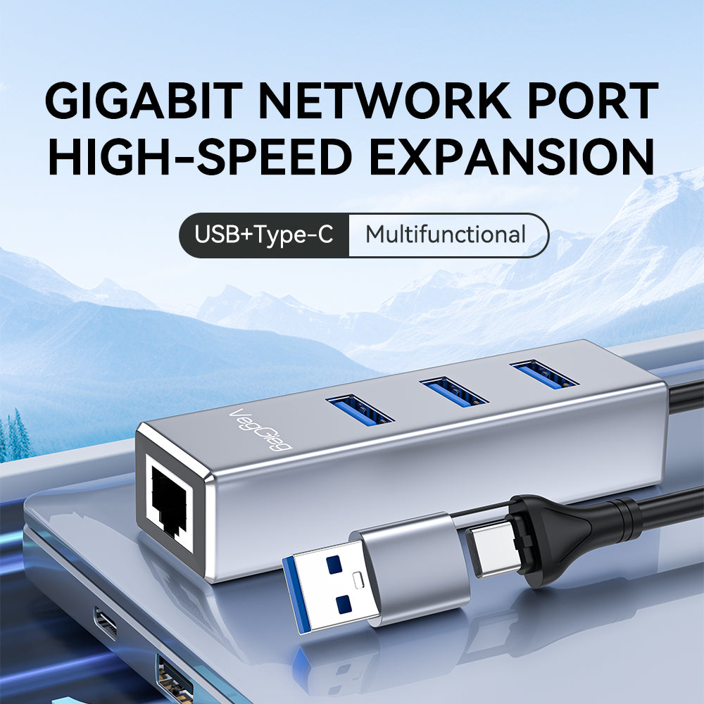 VegGieg USB/Type-C 3.0 2in1 Gigabit Lan Adapter with 3.0*3  HUB Model V-K310