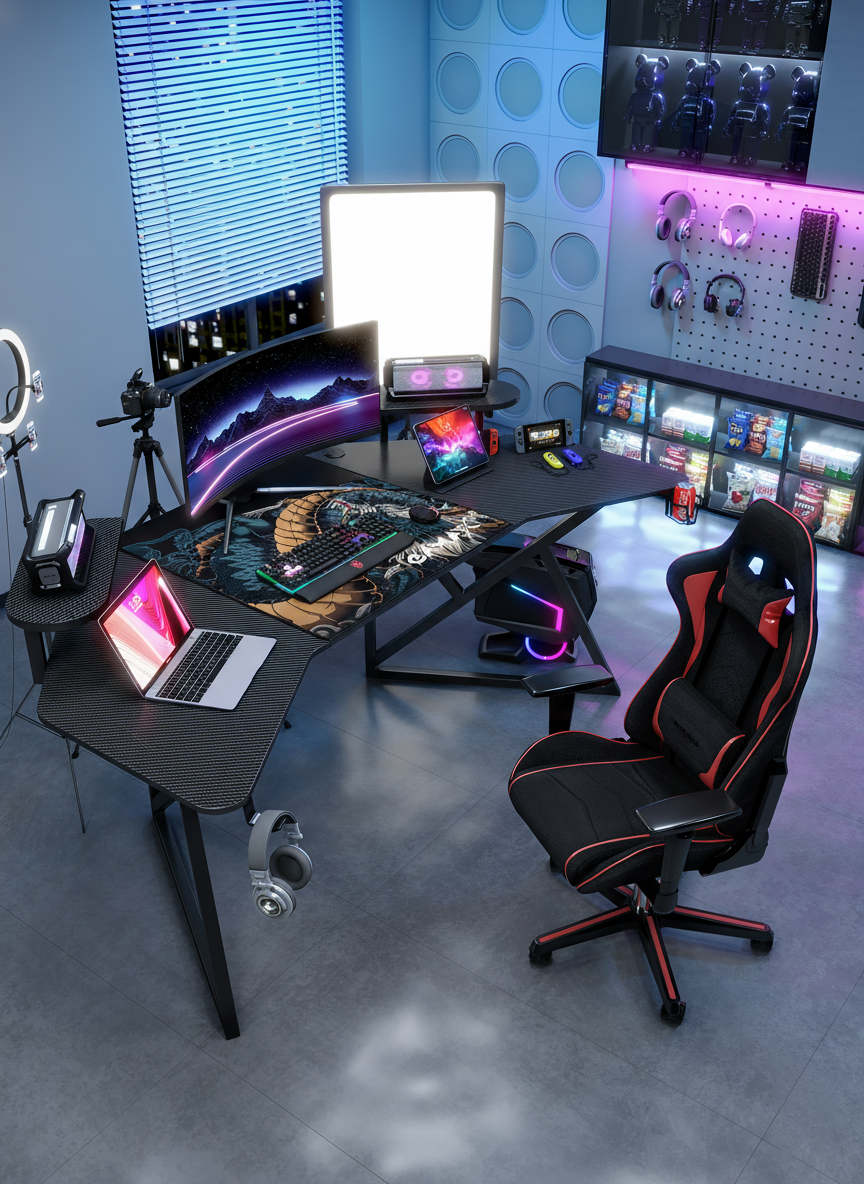 Gamax D2204B Curved Carbon fiber Gaming Table 180*70*74 cm with Multi Level Shelves & Mousepad - Black (Installation Not Included)