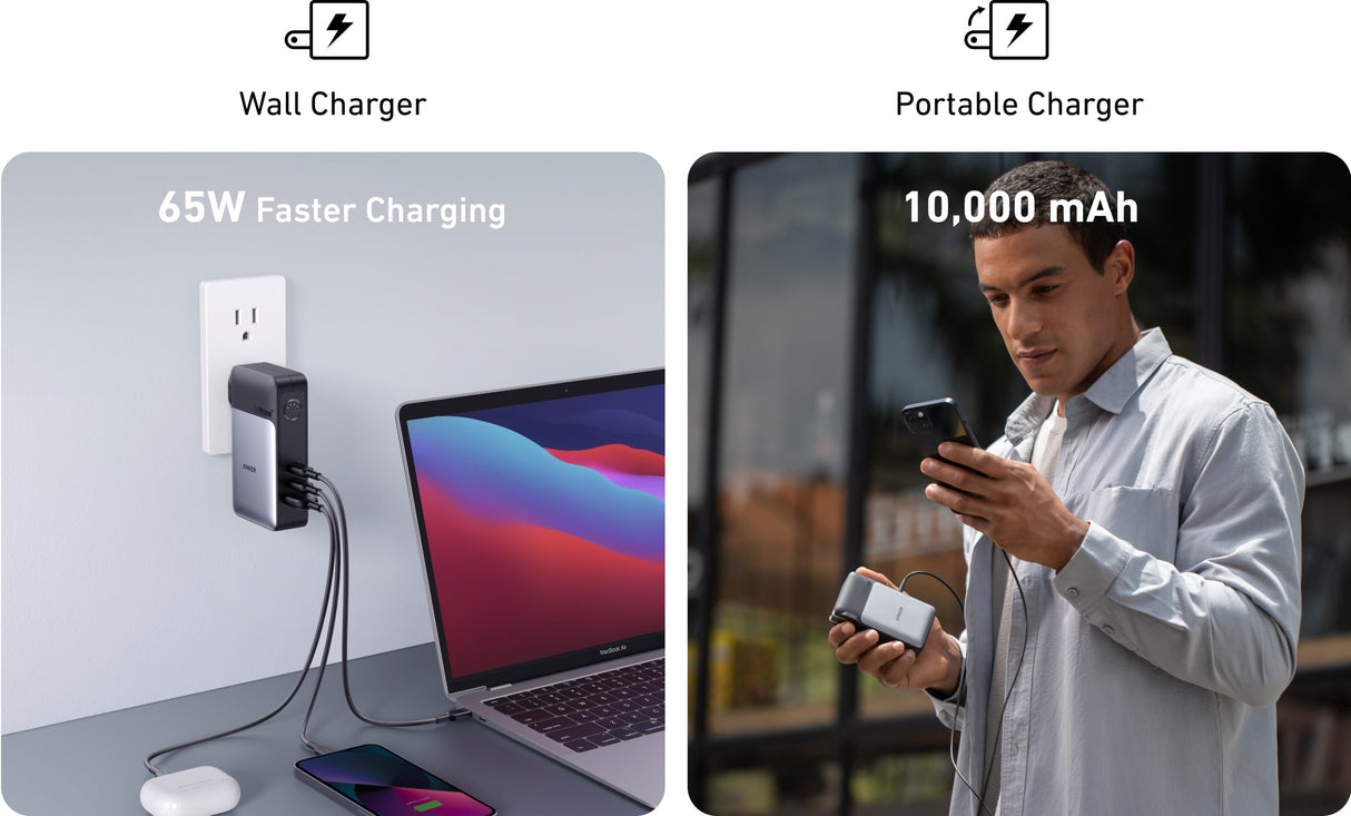 باور بانك Anker 733 سعة 10000mAh مع شاحن GaNPrime بقوة 65 واط (2 في 1) – أسود