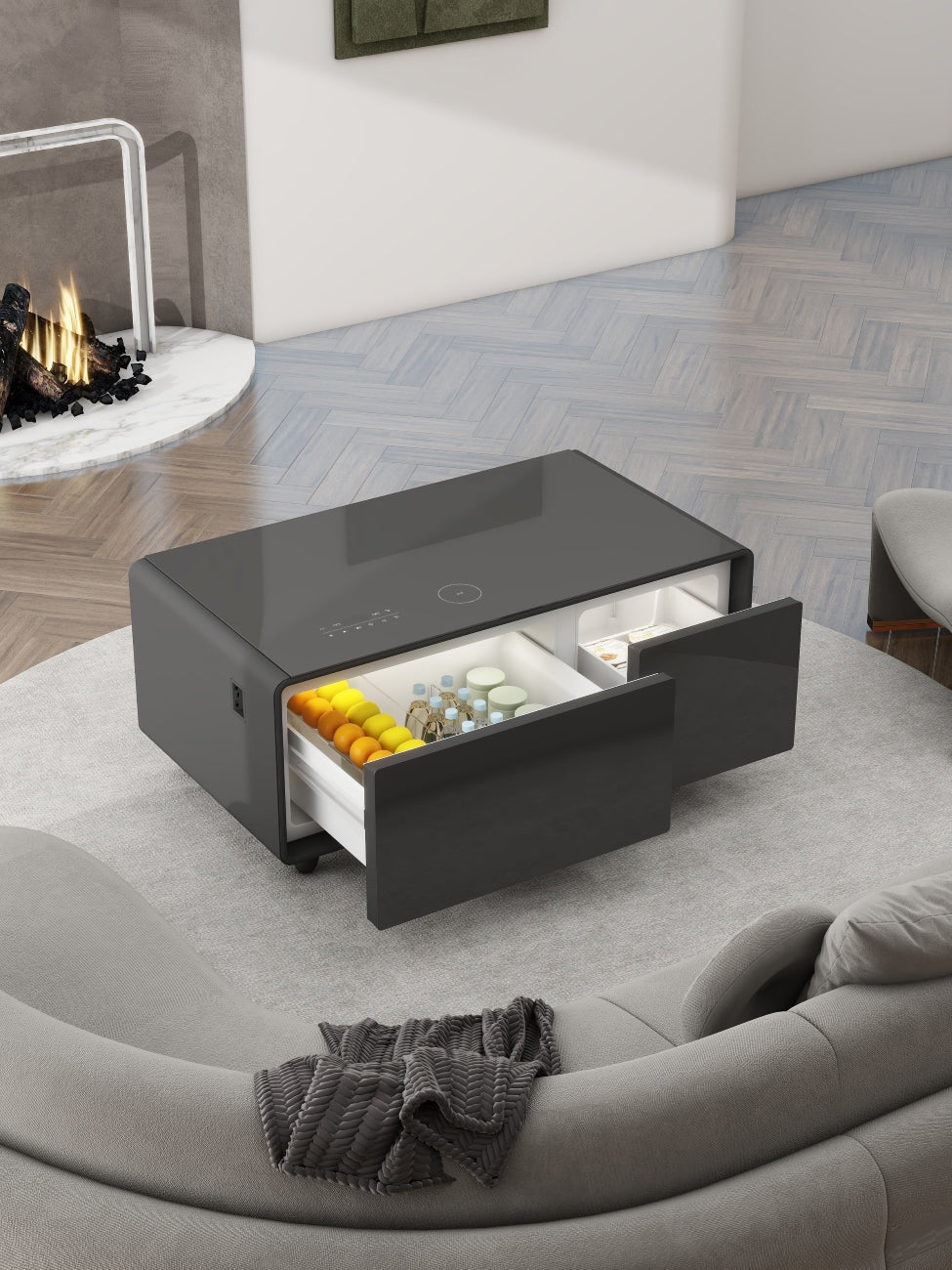 Elegant Smart Coffee Table with 93L Refrigerator, 2 USB - White