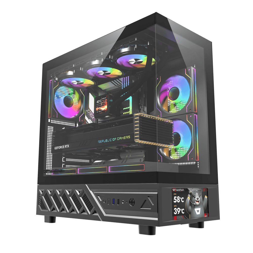 كيس كمبيوتر DarkFlash DS950V بحجم ATX مع ٦ مراوح وشاشة LED – أسود