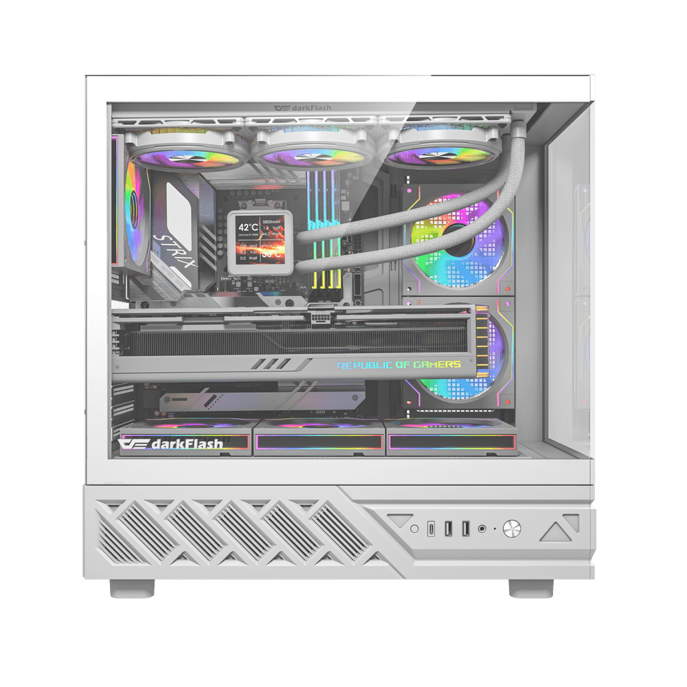 كيس كمبيوتر DarkFlash DS950V بحجم ATX مع ٦ مراوح وشاشة LED – أبيض