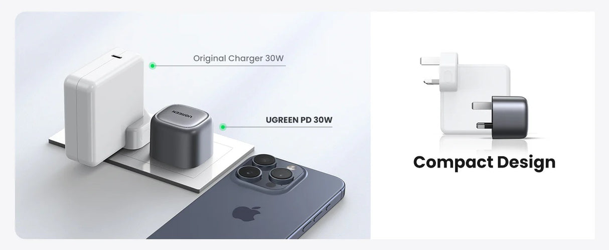 شاحن UGREEN Nexode 30W USB-C GaN سريع – بريطانيا (رمادي فضائي)