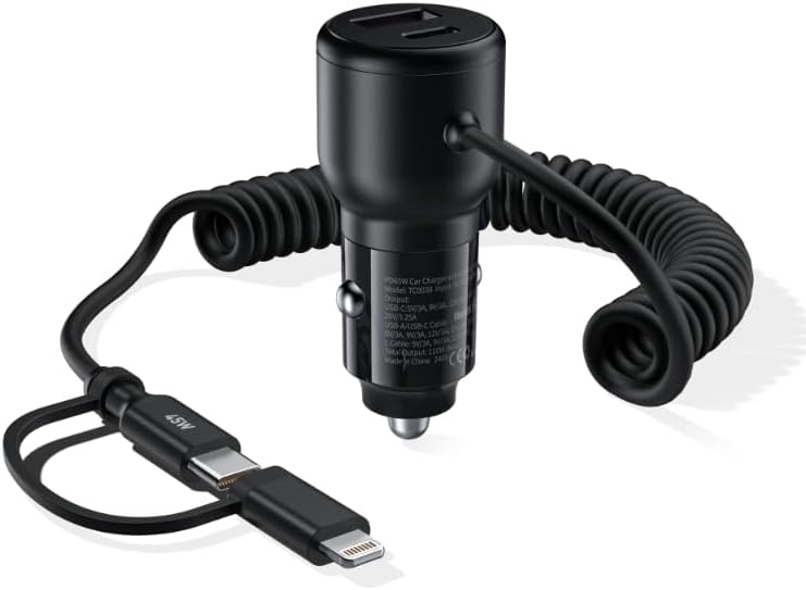 شاحن سيارة Choetech TC0038 بقوة 65W بمنفذ USB-C ومنفذ Lightning – شحن سريع