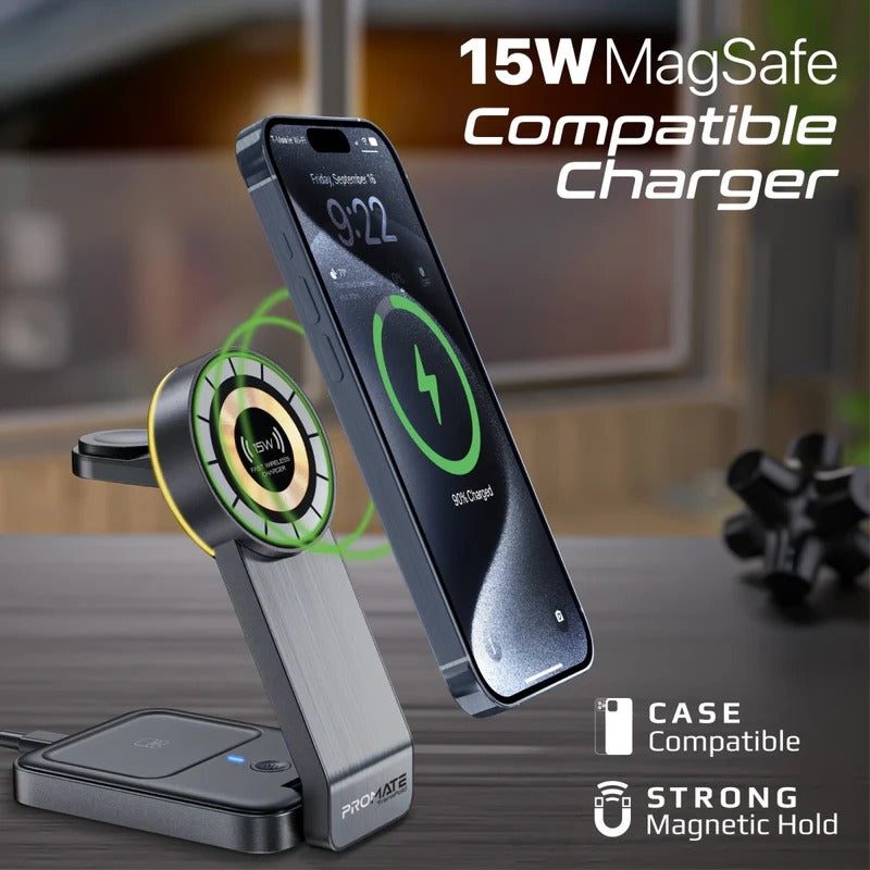 Promate 3 in 1 Transparent Foldable MagSafe Compatible Wireless Charging Station with Night Light  - Black