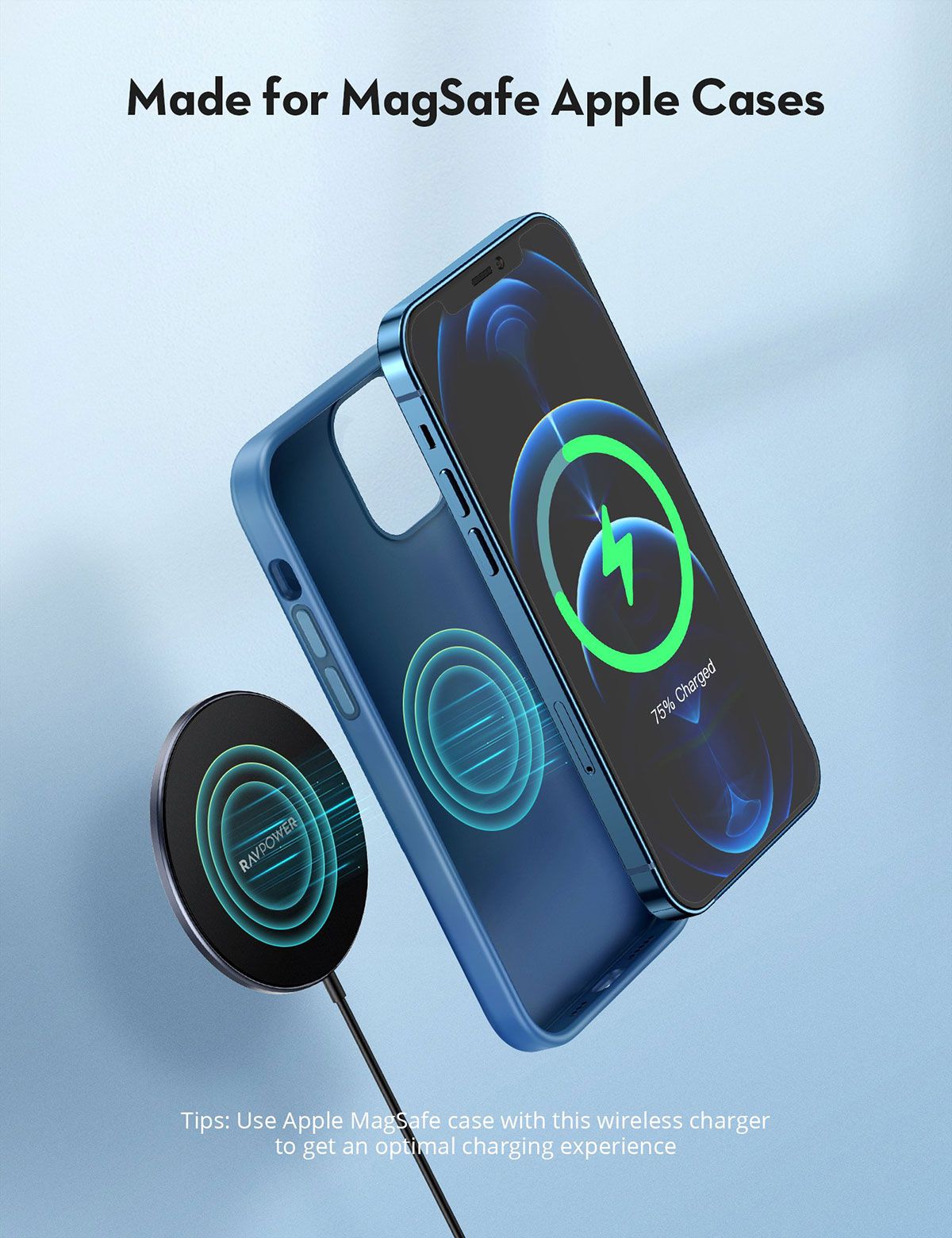 RAVPower RP-WC012 Magnetic Wireless Charger for iPhone 12/12 Pro Max/mini/AirPods Pro black