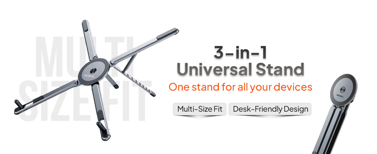 Mowsil 3-in-1 Magnetic Universal Laptop, Tablet & Phone Stand with Foldable aluminum alloy Desktop Holder, Adjustable Heights & Viewing Angles for MacBook, iPad, iPhone, Surface & More