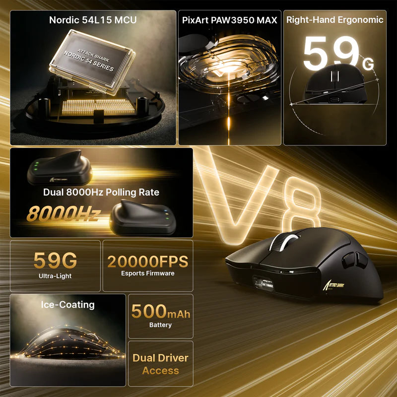 ATTACK SHARK V8 Ultra-Light Ergonomic Right-handed Ergonomic Wireless Gaming Mouse up to 42000 DPI - Black