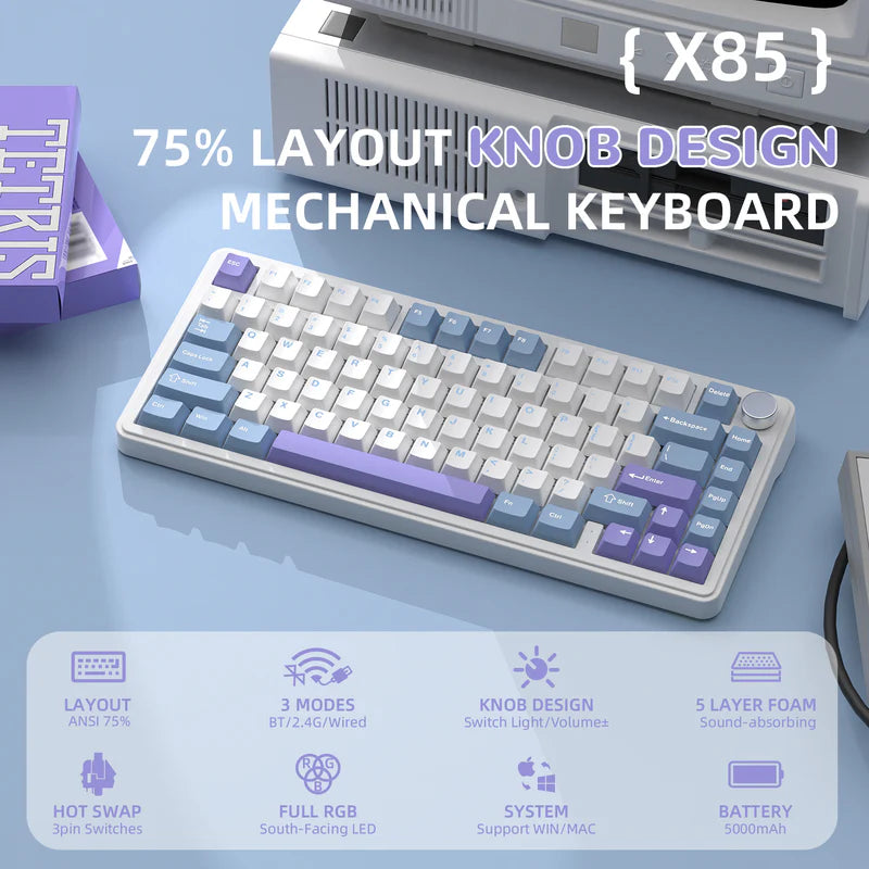 ATTACK SHARK X85 Tri-Mode 75% Gasket mounted Mechanical Keyboard - White Purple Jade Switch (Arabic)
