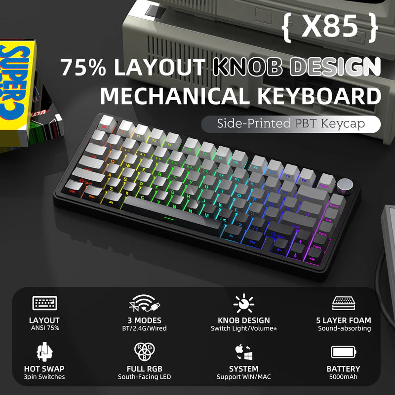 لوحة مفاتيح ميكانيكية ATTACK SHARK X85 بتصميم 75% مع اتصال Tri-Mode وتركيب Gasket-Mounted - Gradient Black White Jade Switch