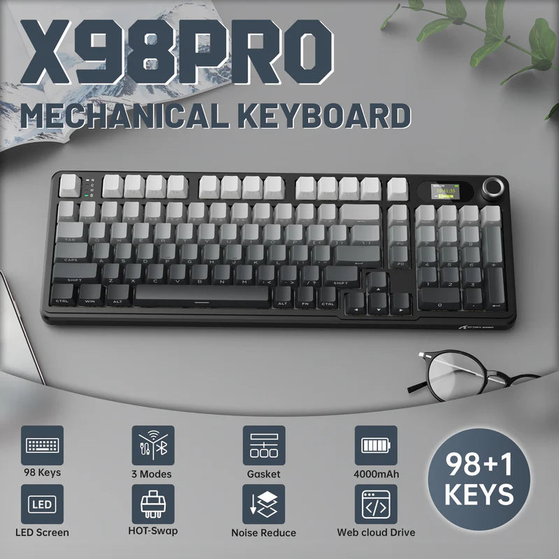ATTACK SHARK X98PRO 99 Keys Tri-Mode Gaming Keyboard with LED Color Display & Number Pad - Gradient Black Blueberry switch