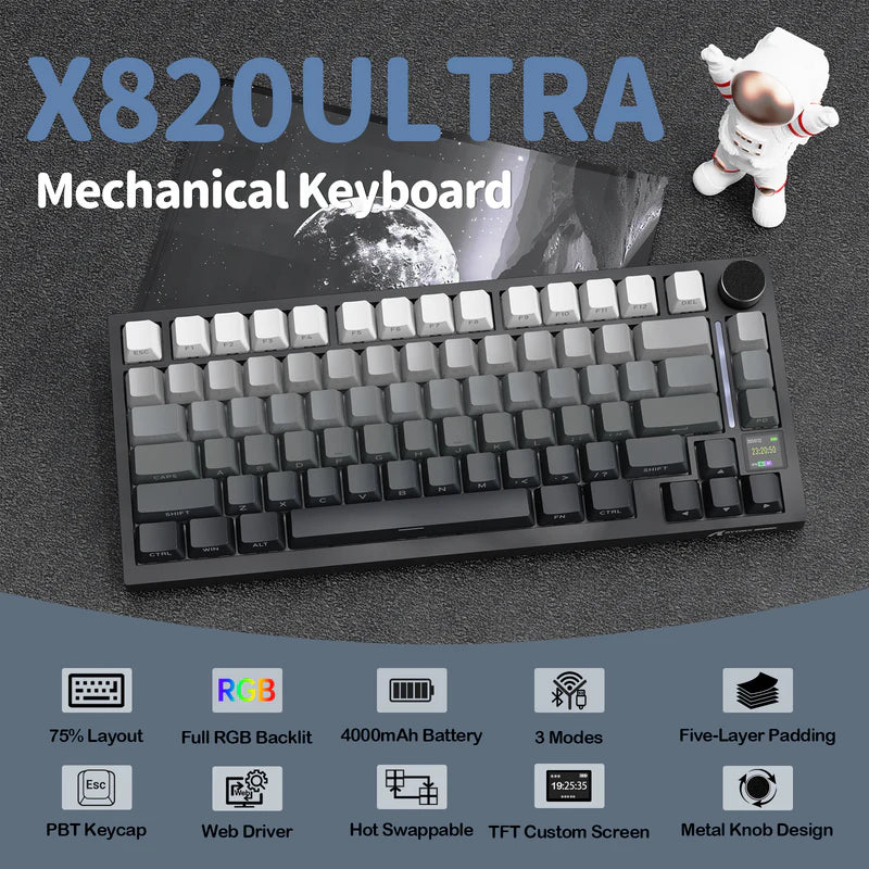 لوحة مفاتيح ميكانيكية ATTACK SHARK X820 Ultra Tri-Mode 75% Gasket - Black Gradient + Shark Switch