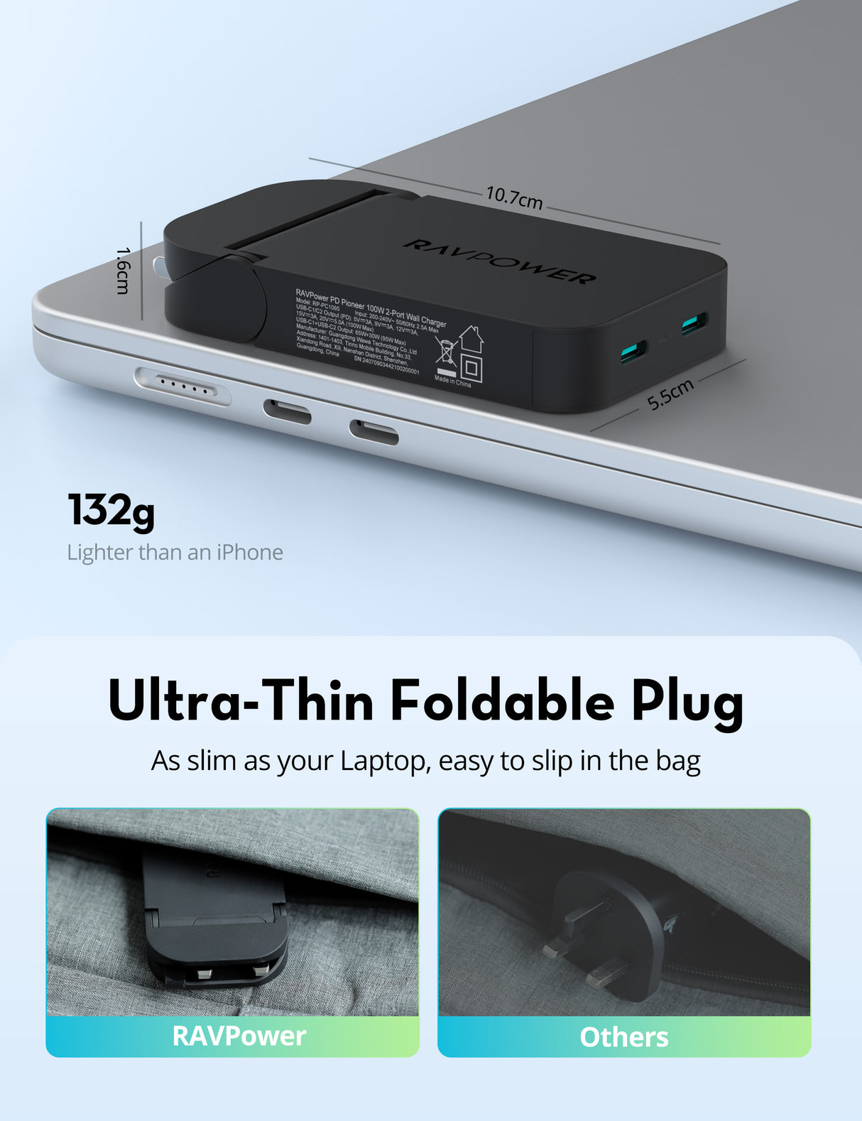 RAVPower RP-PC1095 GaN PD100W 2-Port Wall C Black - RP-PC1095