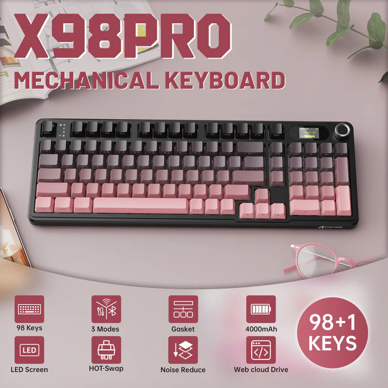 لوحة مفاتيح ألعاب ATTACK SHARK X98PRO بعدد 99 زرًا مع وضع اتصال ثلاثي، وشاشة عرض LED ملوّنة، ولوحة أرقام مدمجة - Pink Blueberry Switch