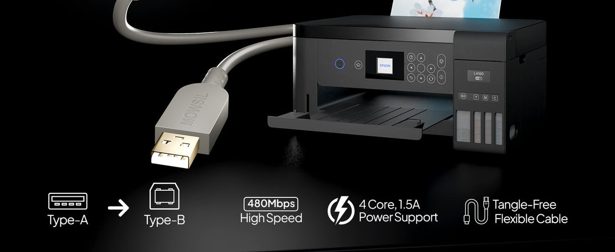 Mowsil USB 2.0 Type-A to Type-B Printer Cable – 480Mbps High-Speed, Tangle-Free PVC, Reliable Connection - 5 Meters