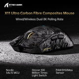 ماوس ألعاب ATTACK SHARK X11 ULTRA بوزن 63g، هيكل من ألياف الكربون، اتصال لاسلكي 8K، حساس PAW3950MAX، حتى 42000 DPI و20000 FPS - رمادي