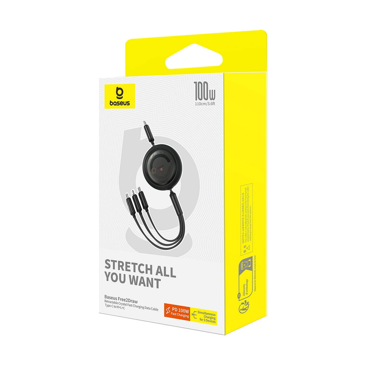كابل بيسيوس فري2درو قابل للسحب بتصميم كريستال للشحن السريع ونقل البيانات USB-C إلى M+L+C بقدرة 100 واط وطول 1.1 متر – كلستر بلاك