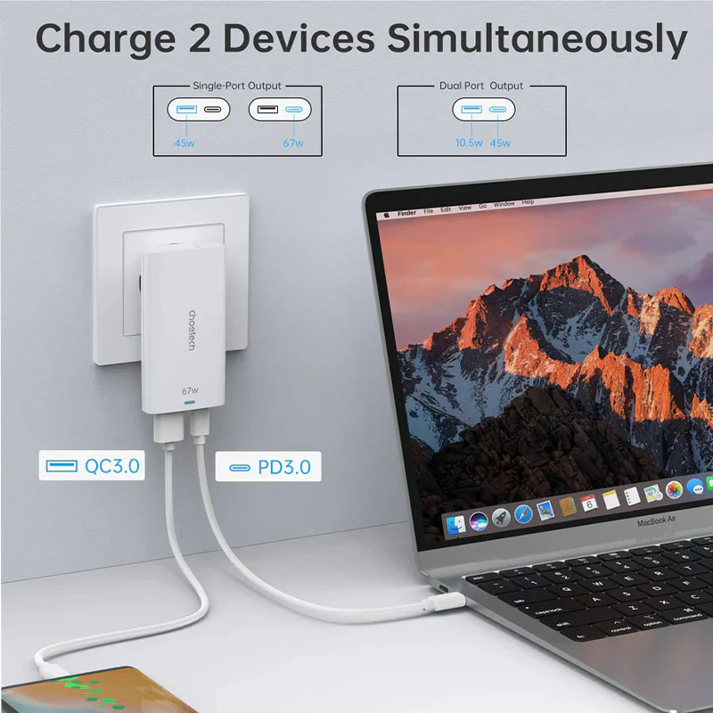 شاحن جداري Choetech PD6011-UK-WH بقدرة 67 واط بتقنية GaN مع قابس قابل للطي – أبيض
