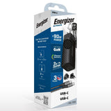 Energizer Ultimate 90W PD/QC Wall Charger with Universal Plug, GaN Technology, Dual Output, USB-C to USB-C Braided Cable, Black