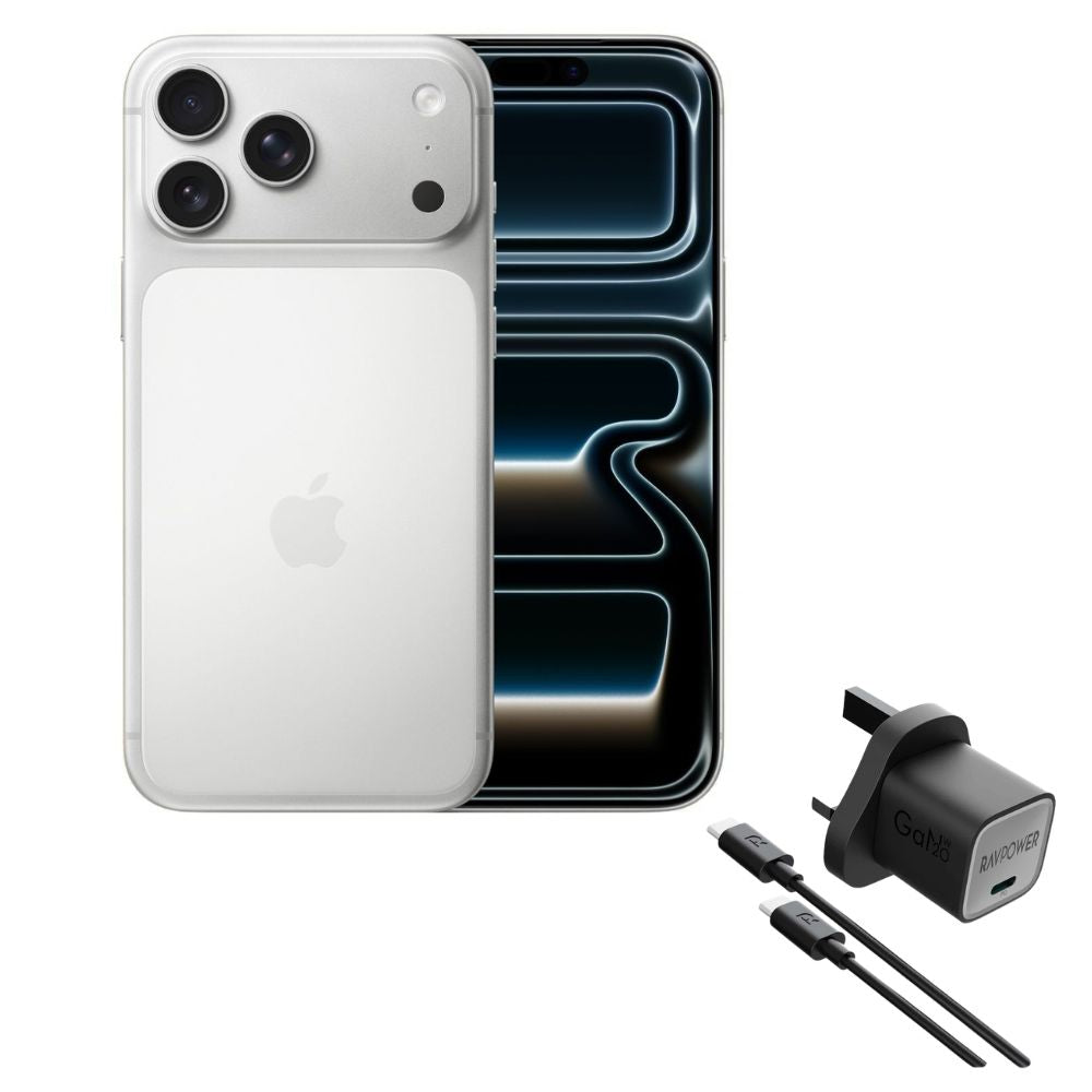 Apple iPhone 17 Pro Max 12GB RAM 6.9" - ESIM 512 Silver With RAVPower PD20W Wall Charger + USB C to USB C Cable BLACK