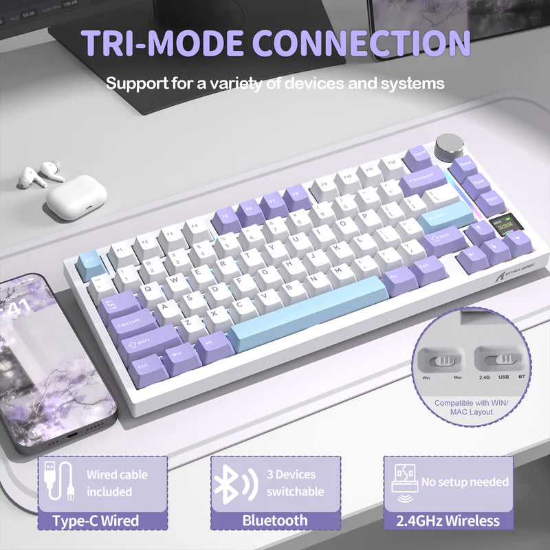 لوحة مفاتيح ميكانيكية ATTACK SHARK X820 Ultra Tri-Mode 75% Gasket - Star White Lavender + Shark Switch