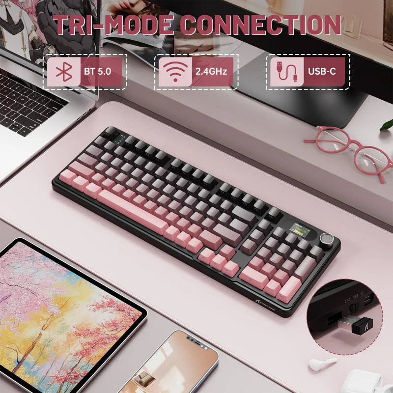 لوحة مفاتيح ألعاب ATTACK SHARK X98PRO بعدد 99 زرًا مع وضع اتصال ثلاثي، وشاشة عرض LED ملوّنة، ولوحة أرقام مدمجة - Pink Blueberry Switch