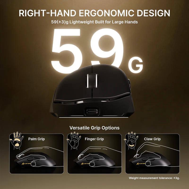 ATTACK SHARK V8 Ultra-Light Ergonomic Right-handed Ergonomic Wireless Gaming Mouse up to 42000 DPI - Black