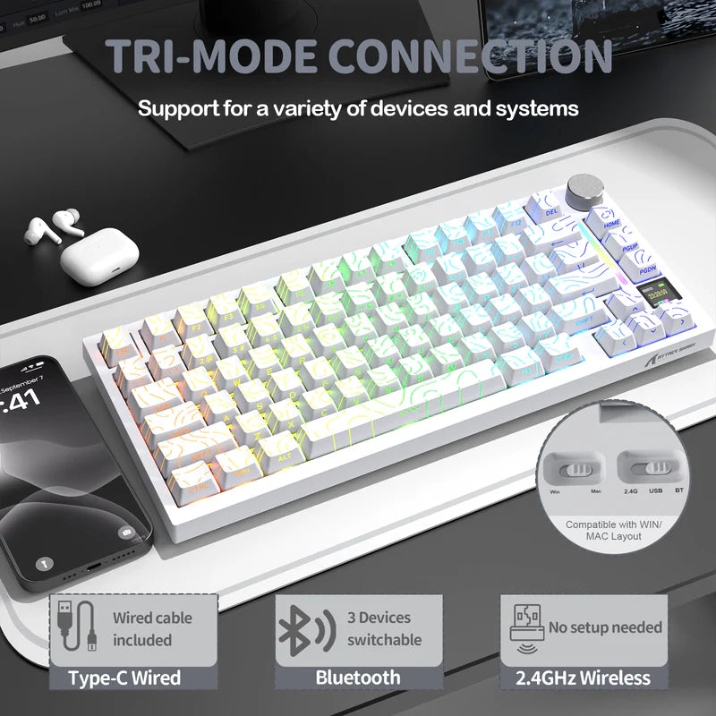 ATTACK SHARK X820 Ultra Tri-Mode 75% Gasket Mechanical Keyboard - White Contours + Shark Switch
