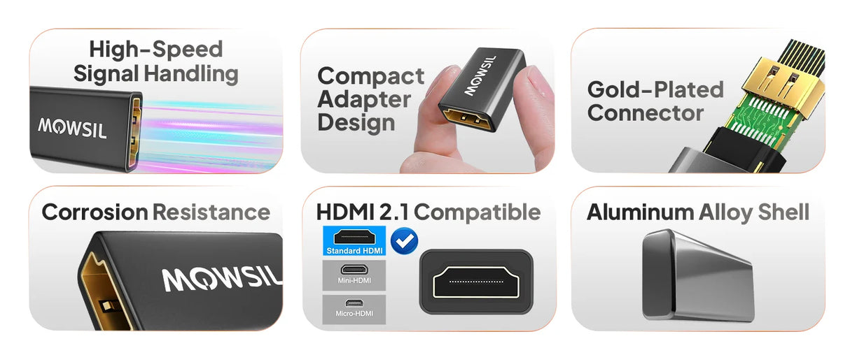 موصل HDMI 8K من موسيل (عبوة من قطعتين)، يدعم دقة تصل إلى 8K@60Hz و4K@120Hz، بالإضافة إلى عرض نطاق ترددي كامل لـ HDMI 2.1 يبلغ 48 جيجابت في الثانية.