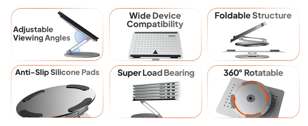 Mowsil Adjustable Laptop Stand for Desk & Tablet , Ergonomic design for comfortable eye-level viewing, Adjustable height and angles for flexible setup