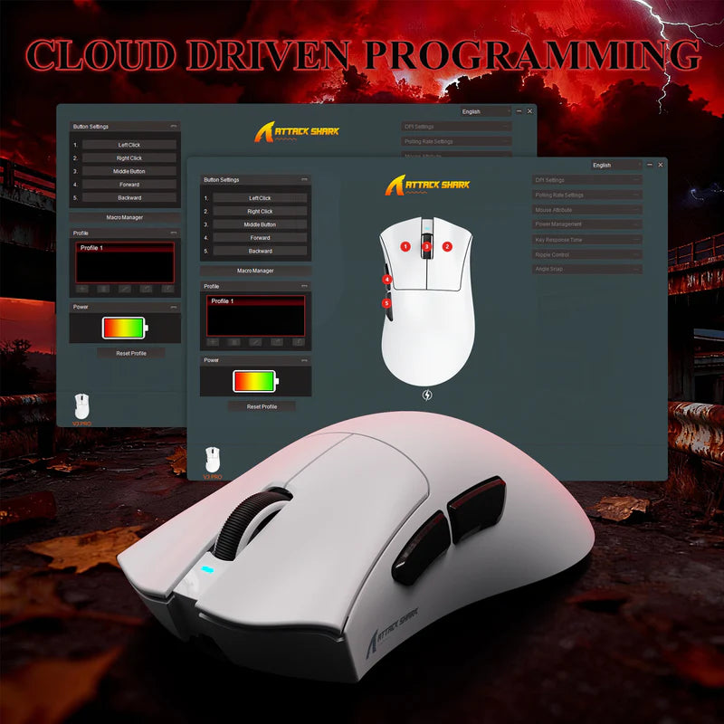 ماوس ألعاب ATTACK SHARK V3PRO فائق الخفة مع قاعدة شحن ونظام Tri-Mode ودقة تصل إلى 25,000 DPI - أبيض