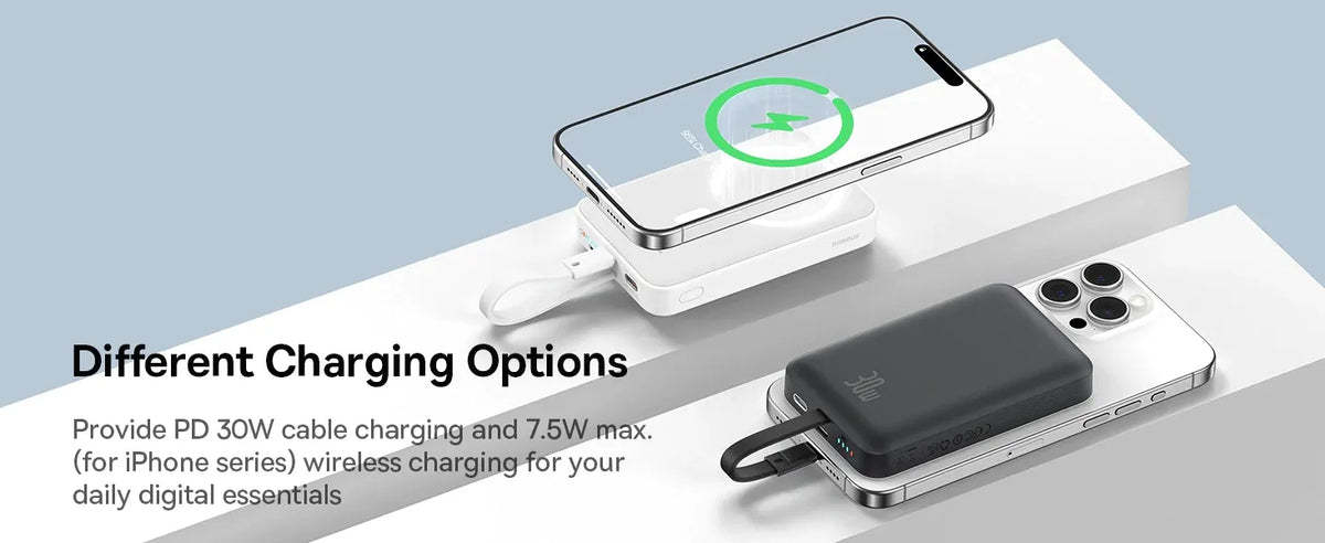 بنك طاقة لاسلكي مغناطيسي Baseus EnerFill FM11 بقوة 15 واط مع كابل USB-C مدمج، سعة 10000 مللي أمبير، قدرة 30 واط - أسود كوني