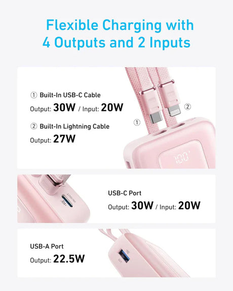 Anker Zolo Power Bank (20K,30W,Built-In USB-C and Lightning Cable) – Pink A1681H51